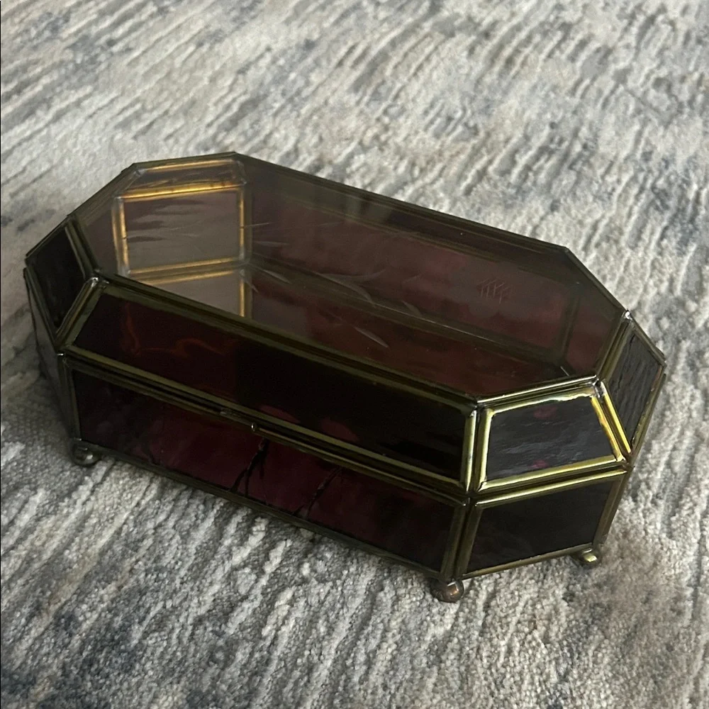 Vintage Handcrafted Stained Glass Jewelry Box | Mauve & Brass Etched Floral
